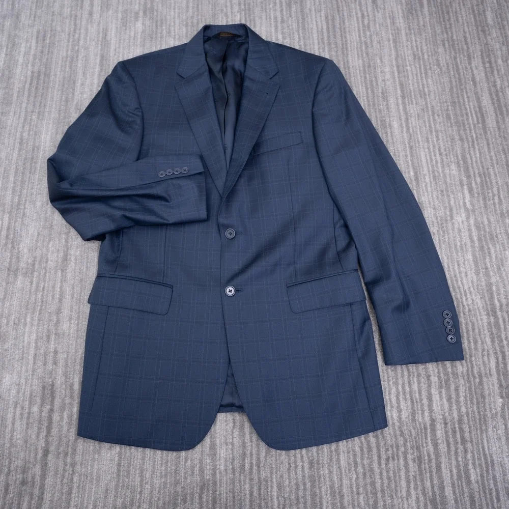 Jos A Bank Mens Navy Blue Windowpane 100% Wool 2 Button Blazer Sport Coat 40 LG